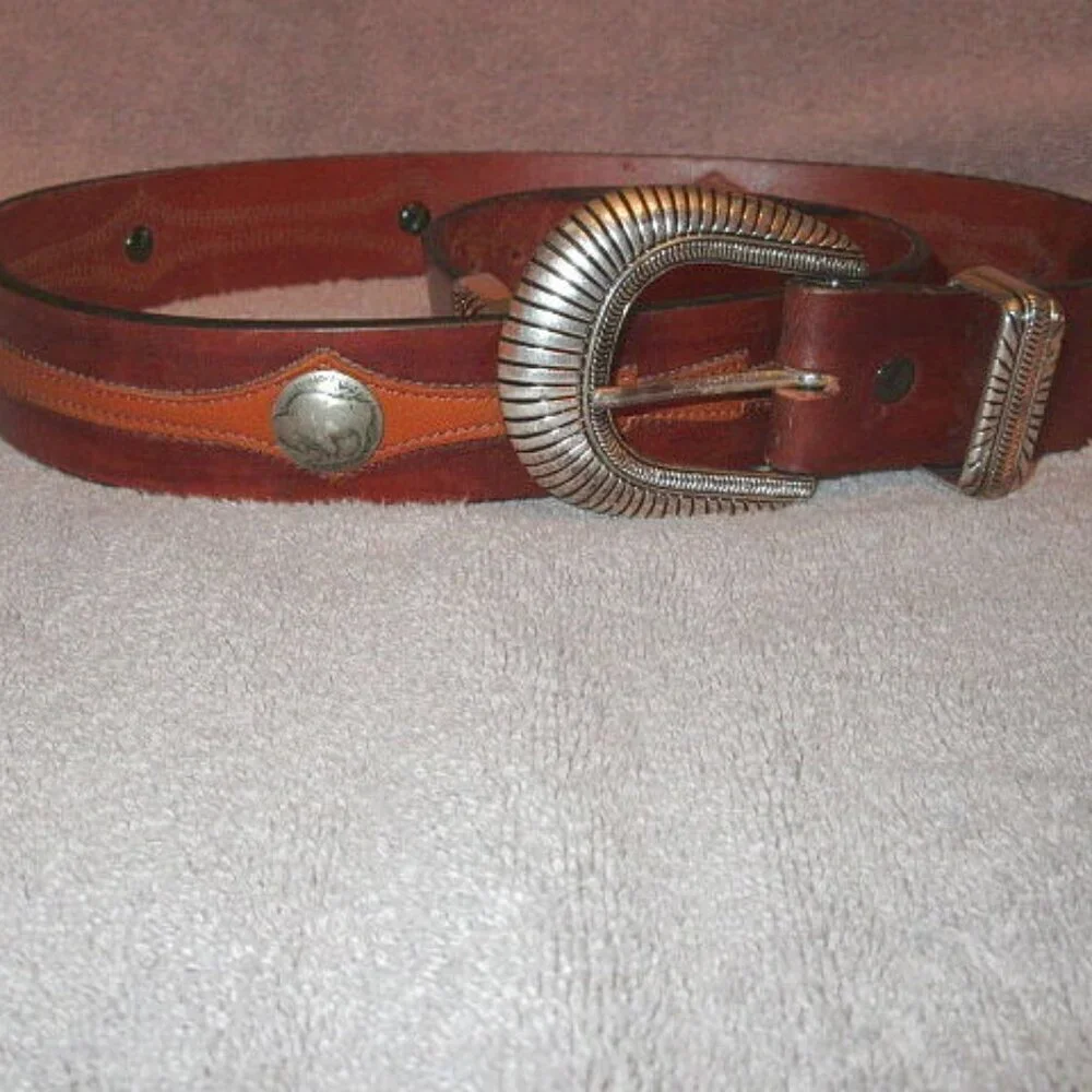 Vtg Buffalo Nickels Indian Head Leather Belt Size 40 Conches Western Cowboy USA